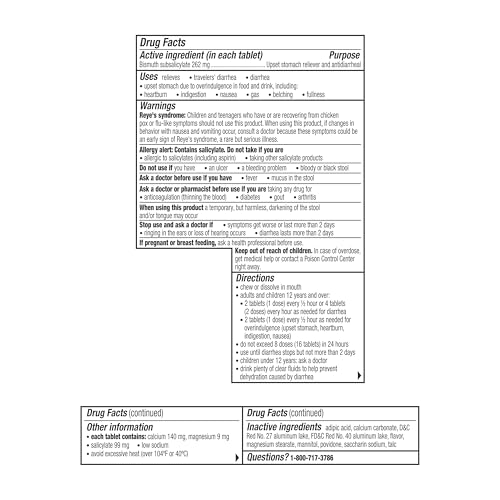 Pepto Bismol Chewable Tablets for Nausea, Heartburn, Indigestion, Upset Stomach, and Diarrhea - 5 Symptom Fast Relief, Original Flavor, 48 ct