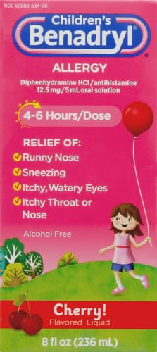 Children's Benadryl Dye-Free Allergy Relief Liquid + 12.5 mg Diphenhydramine HCl, Antihistamine Allergy Medicine for Kids Helps Relieve Runny Nose & Sneezing, Bubble Gum Flavor, 4 fl. oz