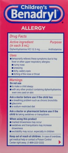 Children's Benadryl Dye-Free Allergy Relief Liquid + 12.5 mg Diphenhydramine HCl, Antihistamine Allergy Medicine for Kids Helps Relieve Runny Nose & Sneezing, Bubble Gum Flavor, 4 fl. oz