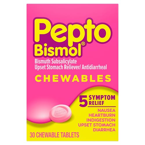 Pepto Bismol Chewable Tablets for Nausea, Heartburn, Indigestion, Upset Stomach, and Diarrhea - 5 Symptom Fast Relief, Original Flavor, 48 ct