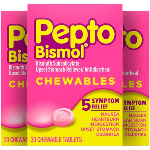 Pepto Bismol Chewable Tablets for Nausea, Heartburn, Indigestion, Upset Stomach, and Diarrhea - 5 Symptom Fast Relief, Original Flavor, 48 ct