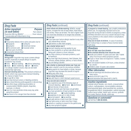 Advil Pain Reliever and Fever Reducer, Pain Relief Medicine with Ibuprofen 200mg for Headache, Backache, Menstrual Pain and Joint Pain Relief - 100 Coated Tablets