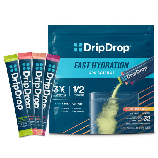 DripDrop Hydration Packets - Bold Variety Pack - Single Serve Electrolytes Powder Drink Mix - Watermelon, Berry, Lemon, Orange - Non-GMO, Gluten Free, Vegan - 32 Sticks