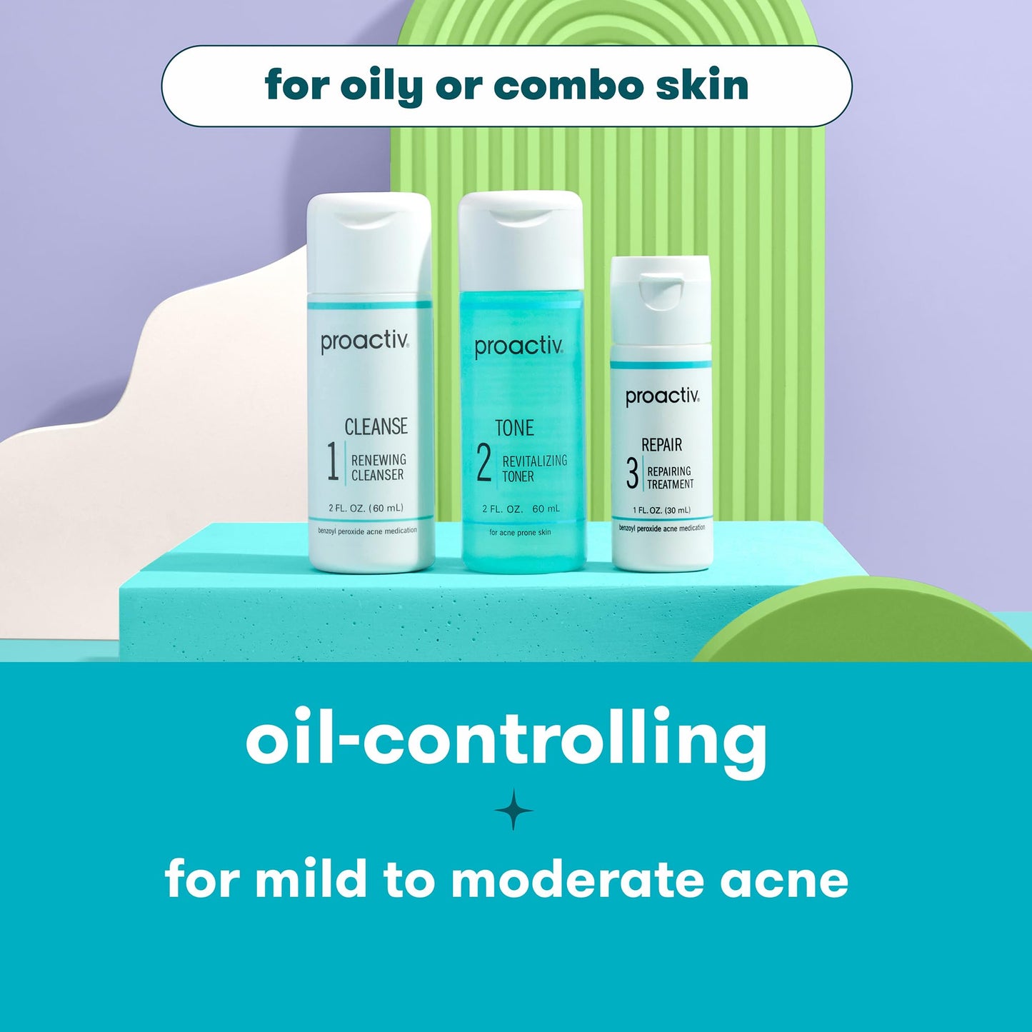 Proactiv 3 Step Acne Treatment - Benzoyl Peroxide Face Wash, Repairing Acne Spot Treatment for Face and Body, Exfoliating Toner - 30 Day Complete Acne Skin Care Kit