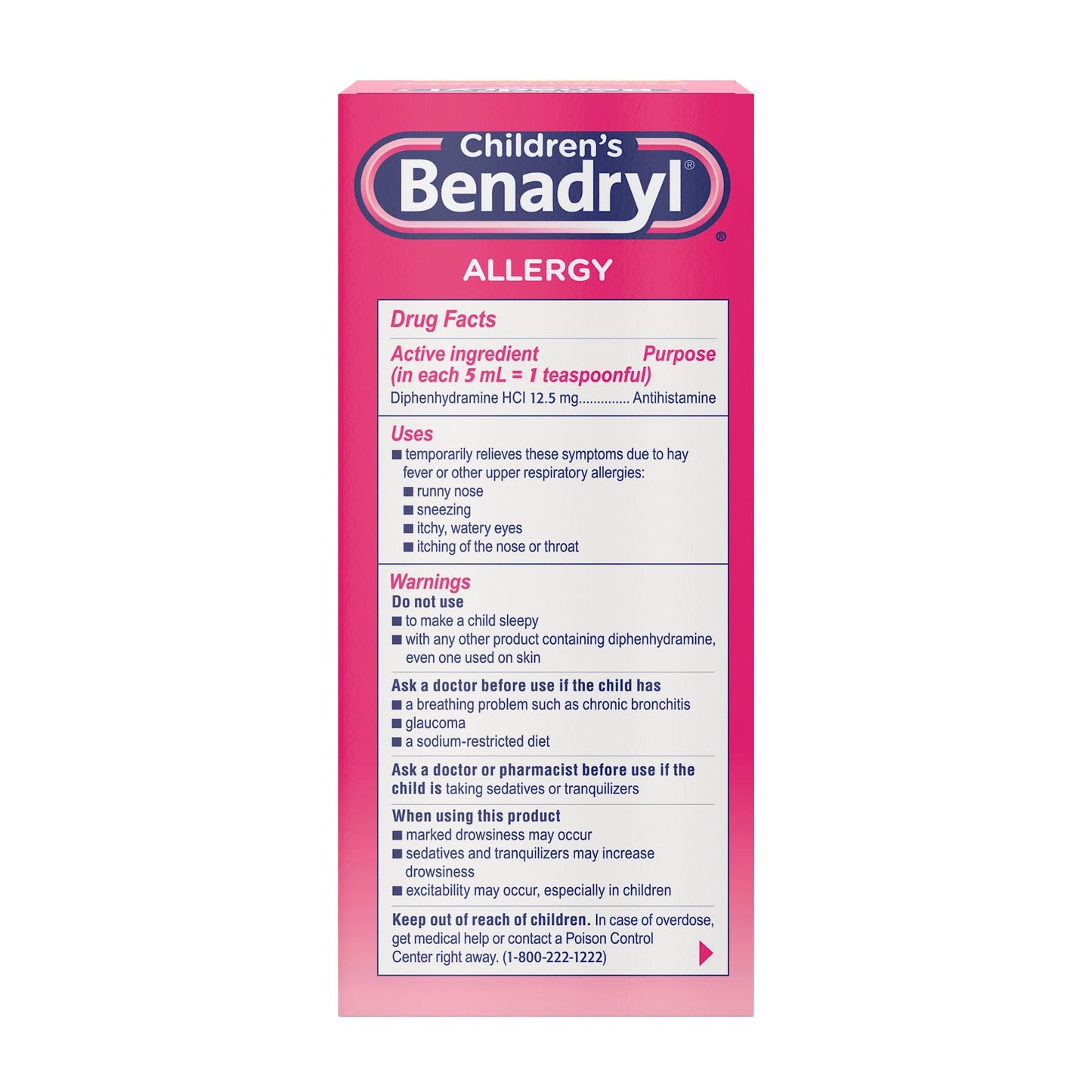 Children's Benadryl Dye-Free Allergy Relief Liquid + 12.5 mg Diphenhydramine HCl, Antihistamine Allergy Medicine for Kids Helps Relieve Runny Nose & Sneezing, Bubble Gum Flavor, 4 fl. oz