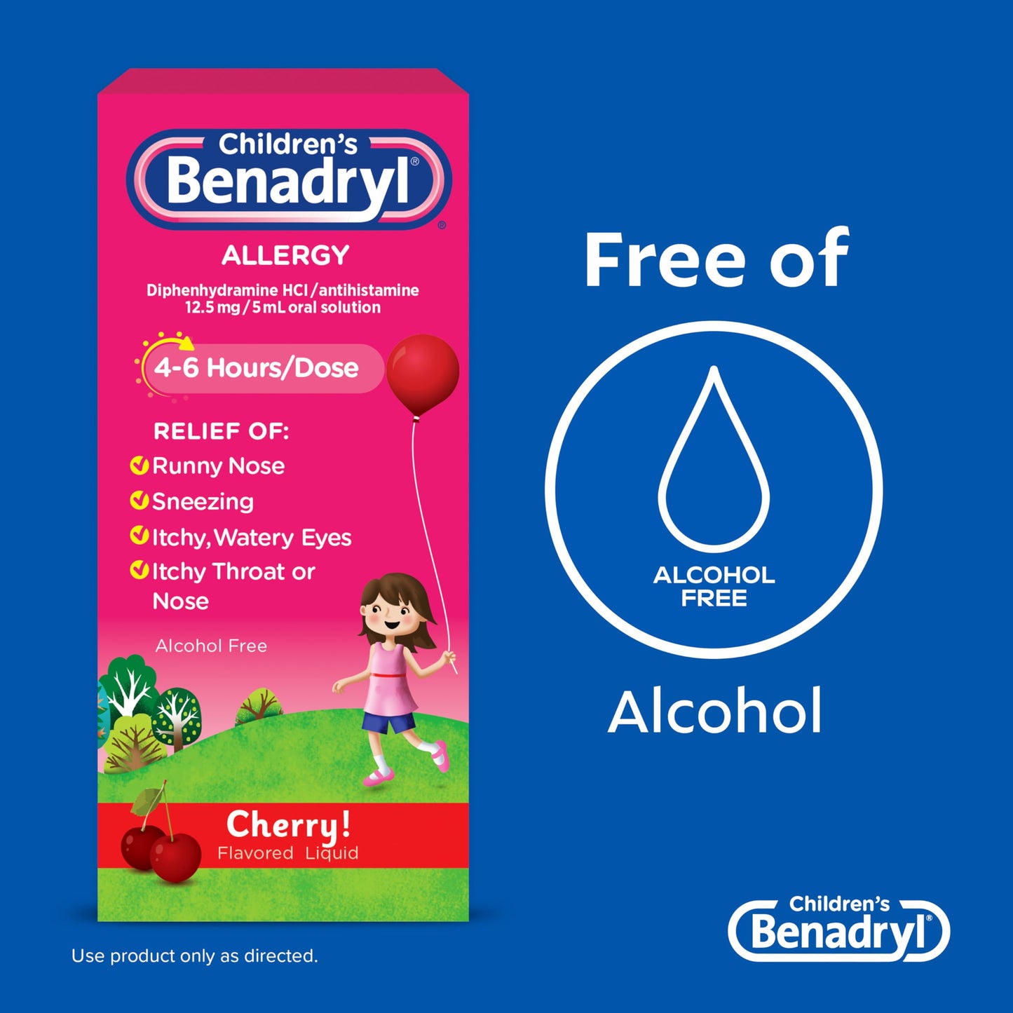 Children's Benadryl Dye-Free Allergy Relief Liquid + 12.5 mg Diphenhydramine HCl, Antihistamine Allergy Medicine for Kids Helps Relieve Runny Nose & Sneezing, Bubble Gum Flavor, 4 fl. oz