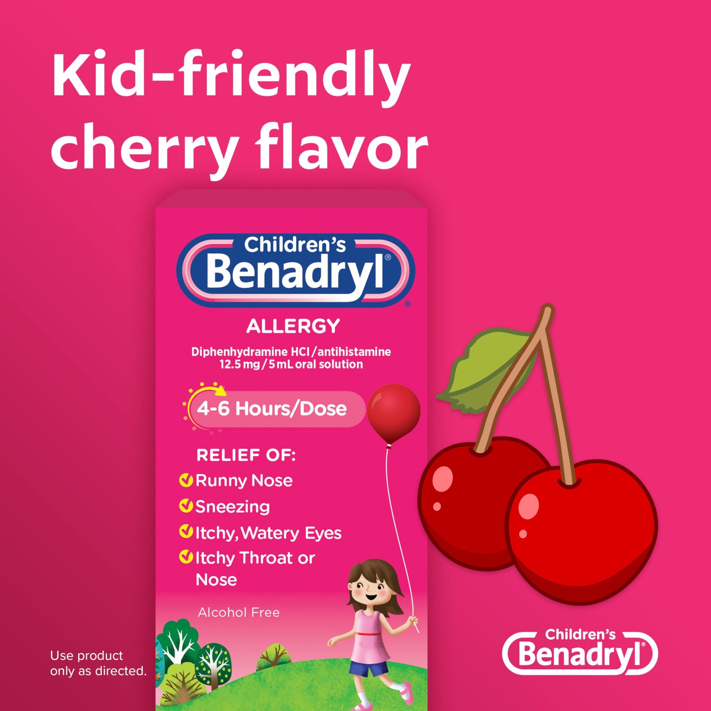 Children's Benadryl Dye-Free Allergy Relief Liquid + 12.5 mg Diphenhydramine HCl, Antihistamine Allergy Medicine for Kids Helps Relieve Runny Nose & Sneezing, Bubble Gum Flavor, 4 fl. oz