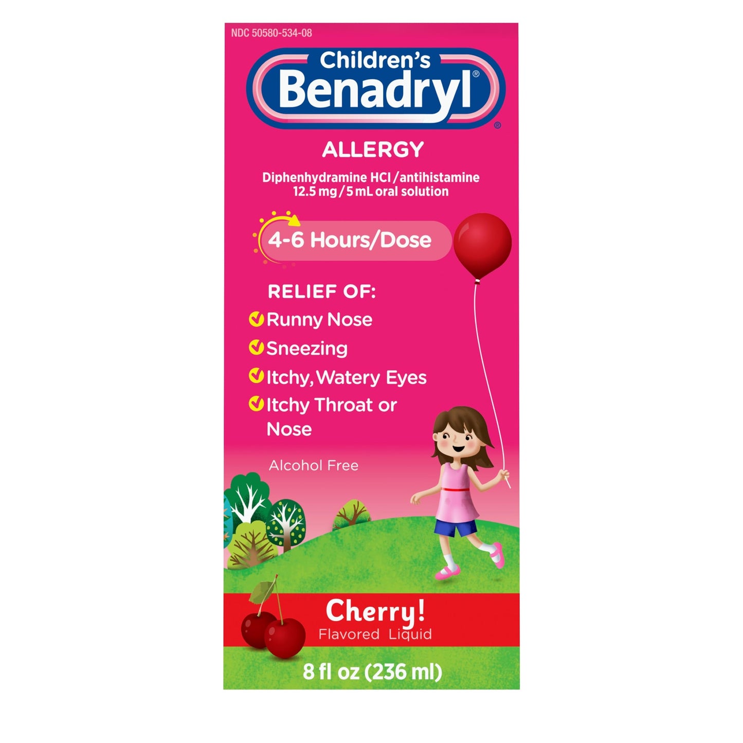 Children's Benadryl Dye-Free Allergy Relief Liquid + 12.5 mg Diphenhydramine HCl, Antihistamine Allergy Medicine for Kids Helps Relieve Runny Nose & Sneezing, Bubble Gum Flavor, 4 fl. oz