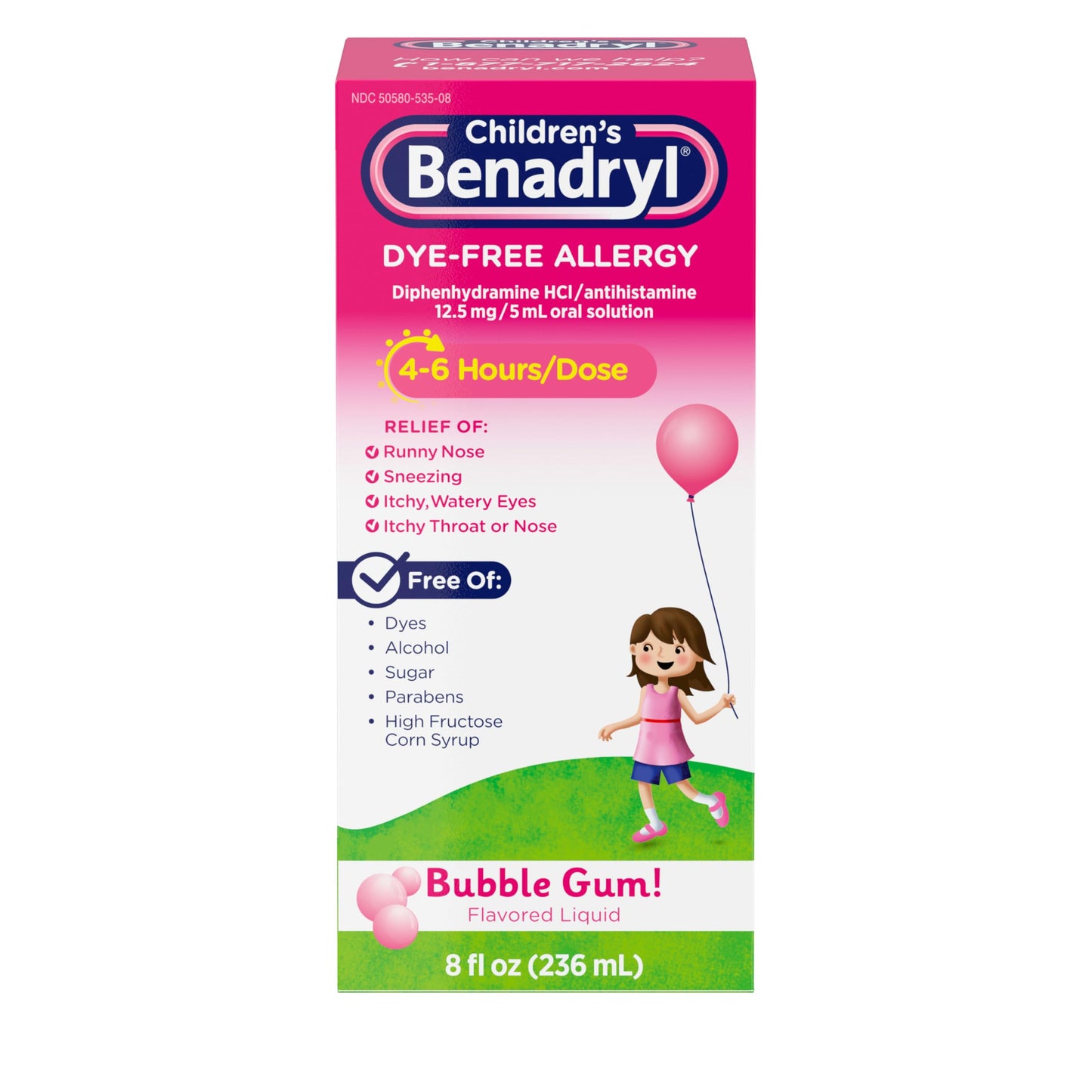 Children's Benadryl Dye-Free Allergy Relief Liquid + 12.5 mg Diphenhydramine HCl, Antihistamine Allergy Medicine for Kids Helps Relieve Runny Nose & Sneezing, Bubble Gum Flavor, 4 fl. oz