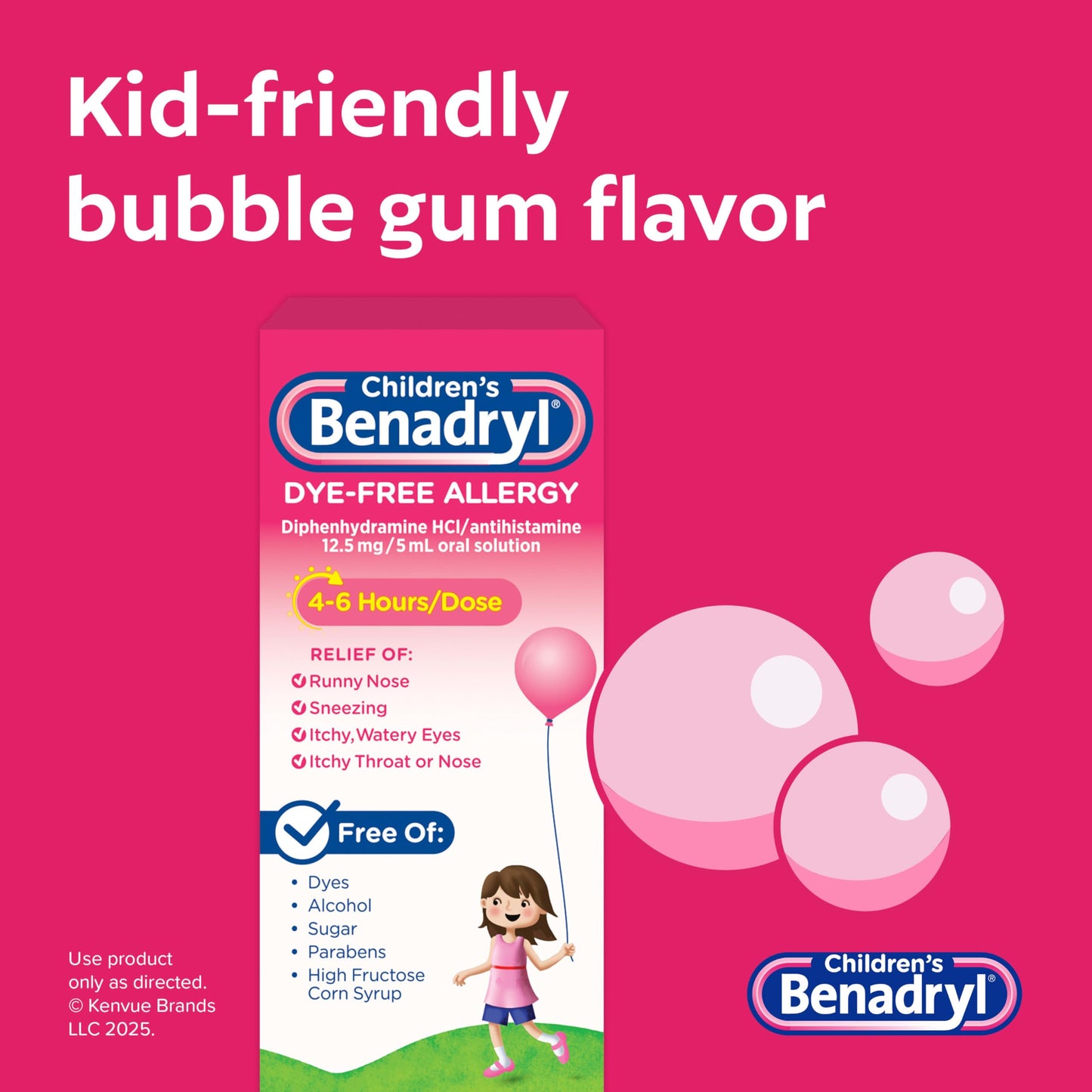Children's Benadryl Dye-Free Allergy Relief Liquid + 12.5 mg Diphenhydramine HCl, Antihistamine Allergy Medicine for Kids Helps Relieve Runny Nose & Sneezing, Bubble Gum Flavor, 4 fl. oz