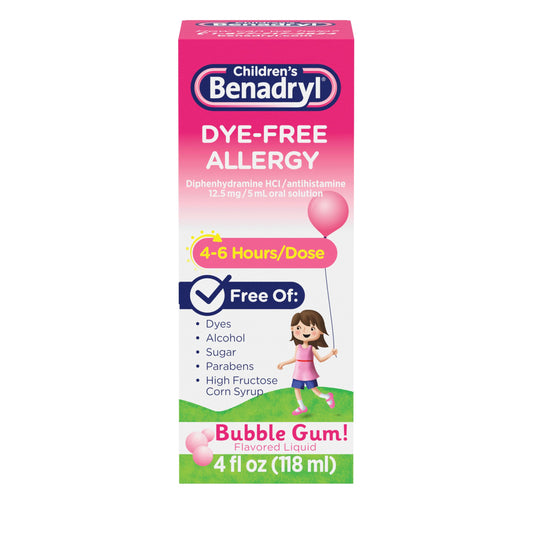 Children's Benadryl Dye-Free Allergy Relief Liquid + 12.5 mg Diphenhydramine HCl, Antihistamine Allergy Medicine for Kids Helps Relieve Runny Nose & Sneezing, Bubble Gum Flavor, 4 fl. oz