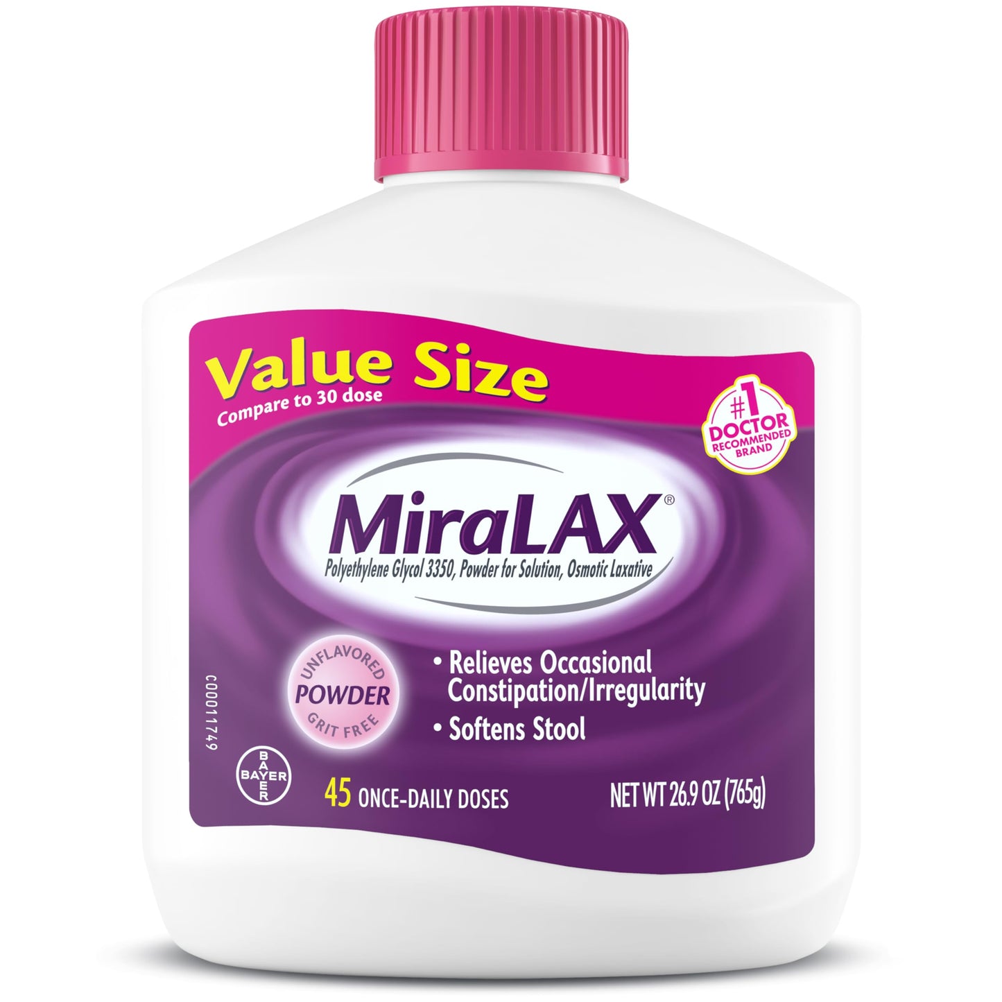 MiraLAX Gentle Constipation Relief Laxative Powder, Stool Softener with PEG 3350, Works Naturally with Water in Your Body, No Harsh Side Effects, Osmotic Laxative, 45 Dose