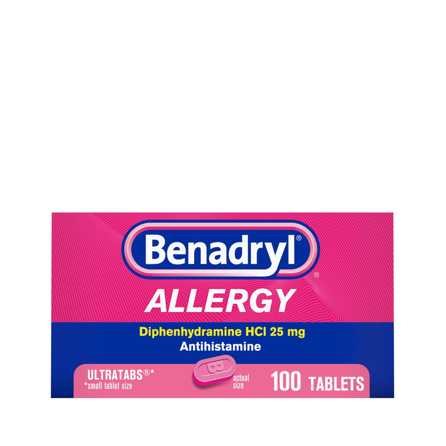 Benadryl Ultratabs Allergy Medicine, 25 mg Diphenhydramine HCl Antihistamine Tablets For Cold & Allergy Relief of Symptoms Like Sneezing, Runny Nose, Itchy Eyes & Throat, Hay Fever, 100 Count Tablets