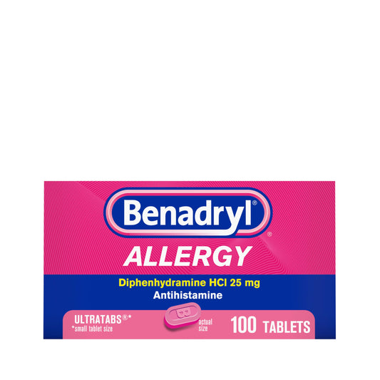 Benadryl Ultratabs Allergy Medicine, 25 mg Diphenhydramine HCl Antihistamine Tablets For Cold & Allergy Relief of Symptoms Like Sneezing, Runny Nose, Itchy Eyes & Throat, Hay Fever, 100 Count Tablets