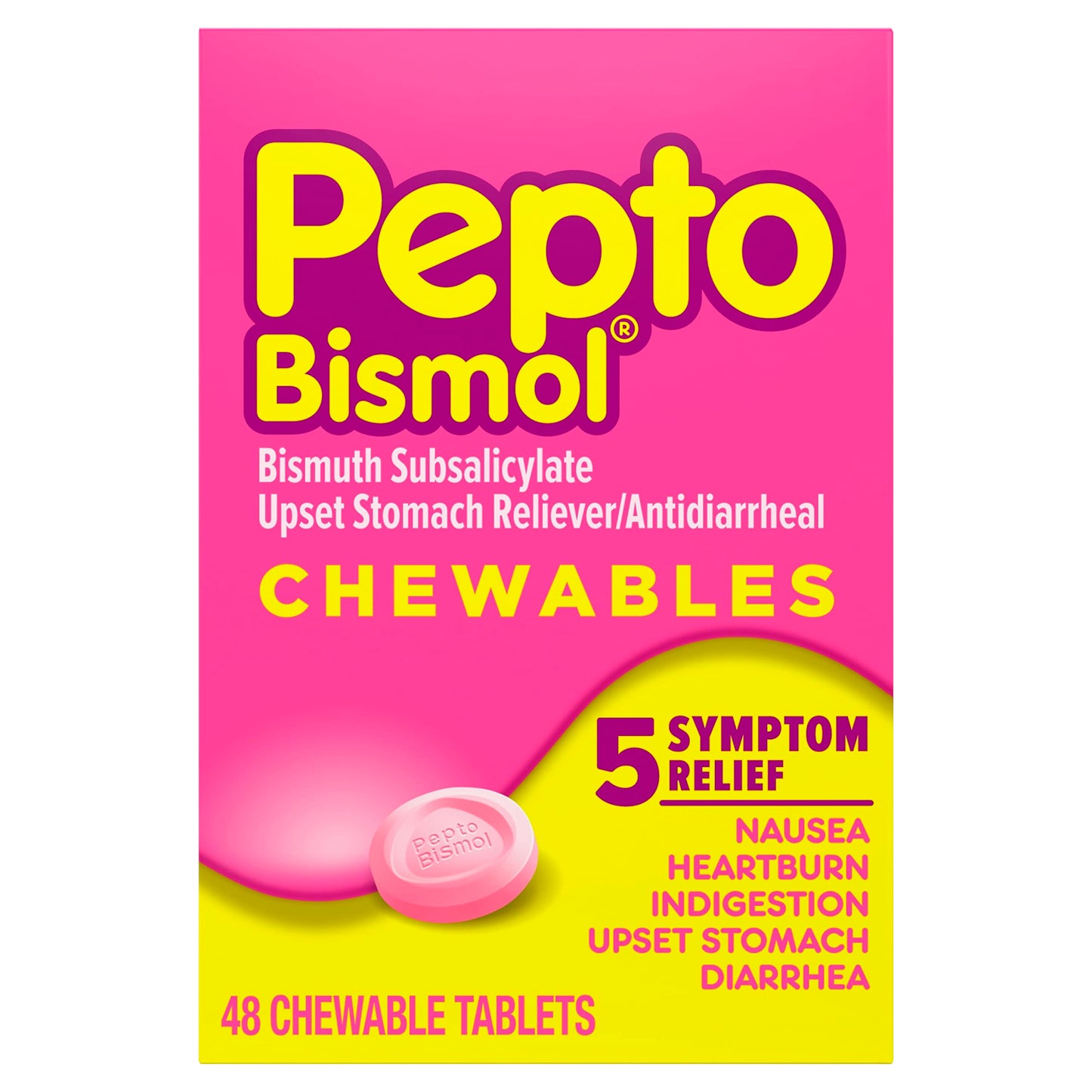 Pepto Bismol Chewable Tablets for Nausea, Heartburn, Indigestion, Upset Stomach, and Diarrhea - 5 Symptom Fast Relief, Original Flavor, 48 ct