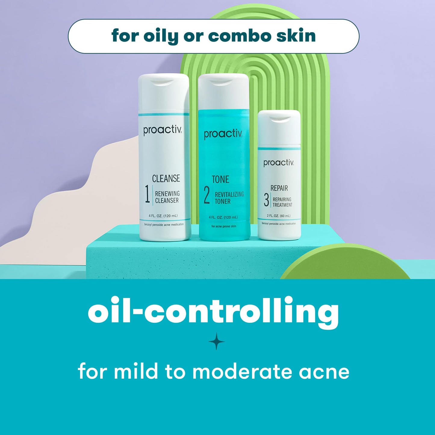 Proactiv 3 Step Acne Treatment - Benzoyl Peroxide Face Wash, Repairing Acne Spot Treatment for Face and Body, Exfoliating Toner - 30 Day Complete Acne Skin Care Kit