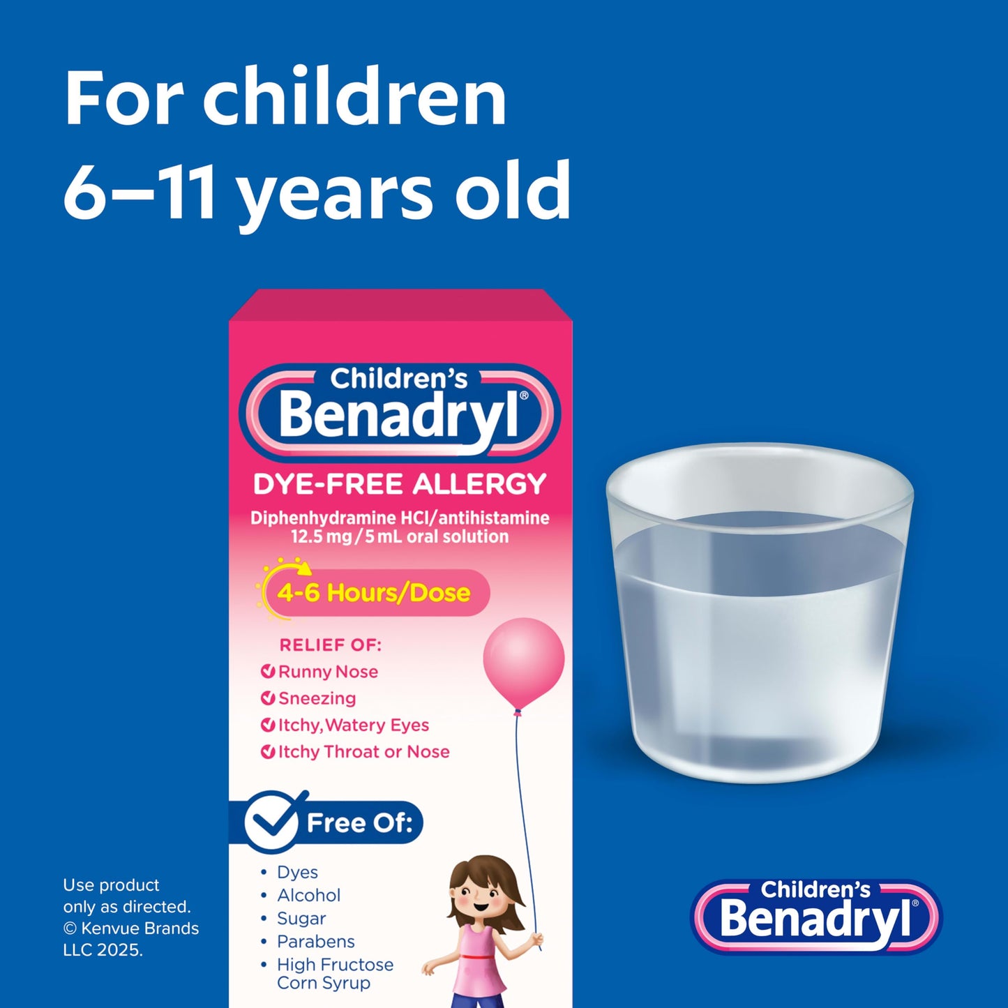 Children's Benadryl Dye-Free Allergy Relief Liquid + 12.5 mg Diphenhydramine HCl, Antihistamine Allergy Medicine for Kids Helps Relieve Runny Nose & Sneezing, Bubble Gum Flavor, 4 fl. oz