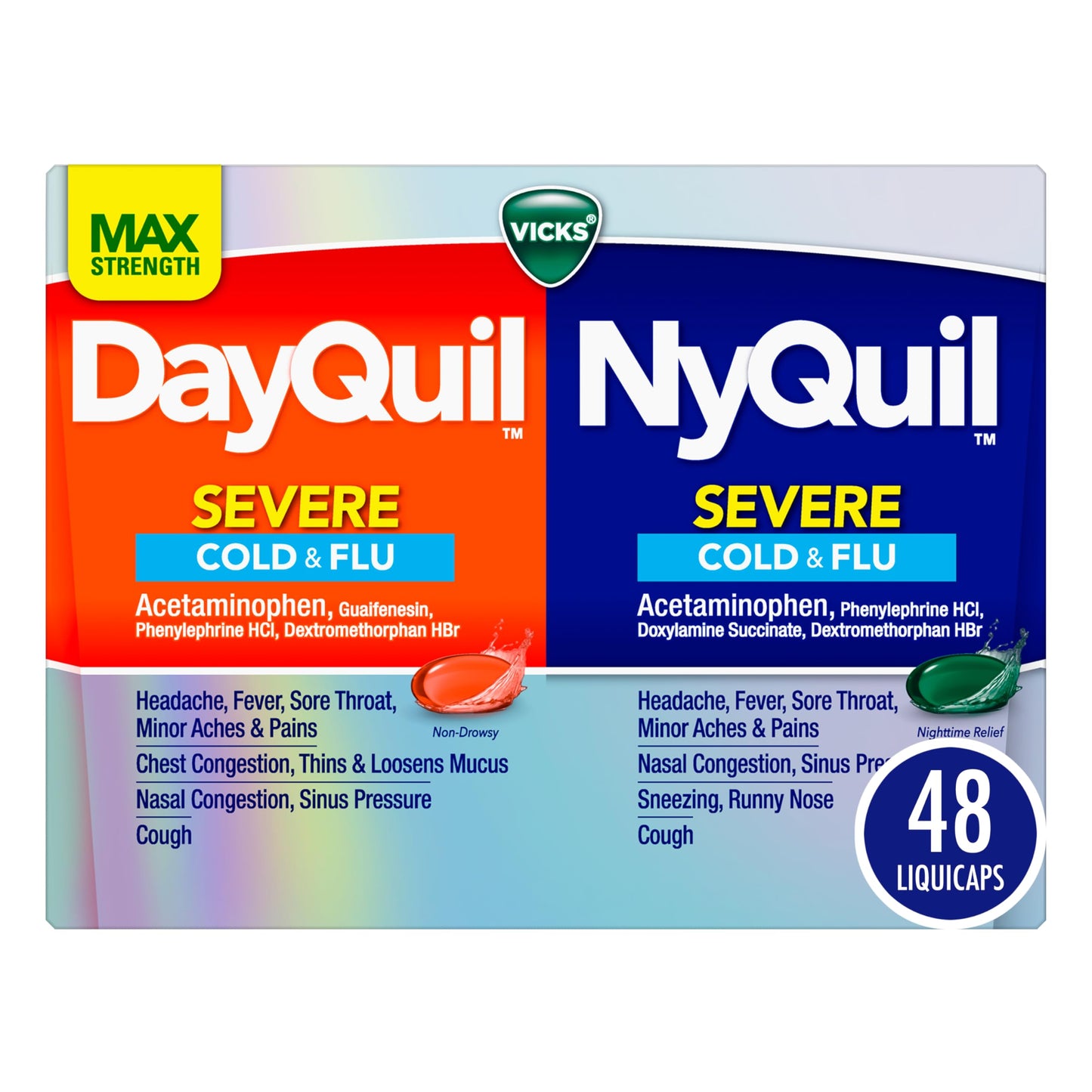 VICKS DayQuil & NyQuil SEVERE Co-Pack, Cold & Flu Medicine, Powerful Relief for Headache, Fever, Sore Throat, Minor Aches & Pains, Congestion, Sinus Pressure, Stuffy Nose, and Cough, 48 LiquiCaps