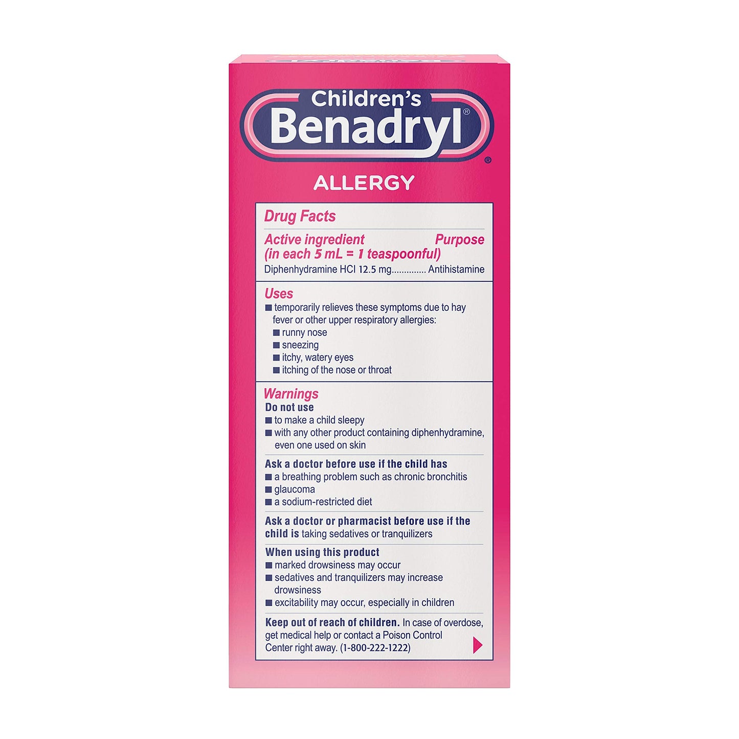 Children's Benadryl Dye-Free Allergy Relief Liquid + 12.5 mg Diphenhydramine HCl, Antihistamine Allergy Medicine for Kids Helps Relieve Runny Nose & Sneezing, Bubble Gum Flavor, 4 fl. oz