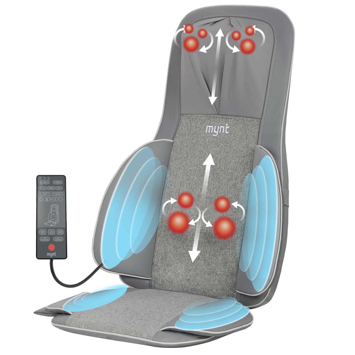 Mynt FSA Eligible HSA Approved Shiatsu Neck and Back Massager for Chair with 10 Deep Kneading Nodes, 2D & 3D Adjustable Back Massage with Heat, Portable Massage Chair Pad (Gray)