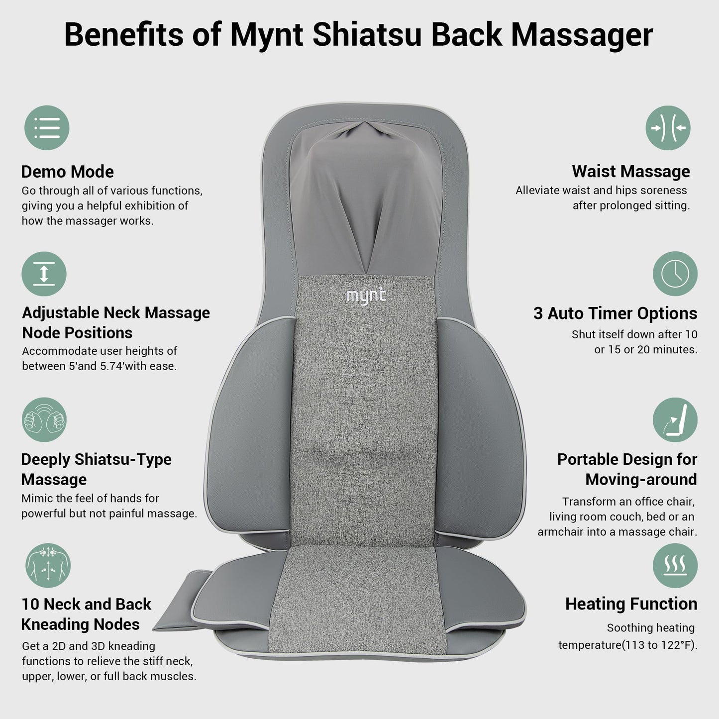 Mynt FSA Eligible HSA Approved Shiatsu Neck and Back Massager for Chair with 10 Deep Kneading Nodes, 2D & 3D Adjustable Back Massage with Heat, Portable Massage Chair Pad (Gray)