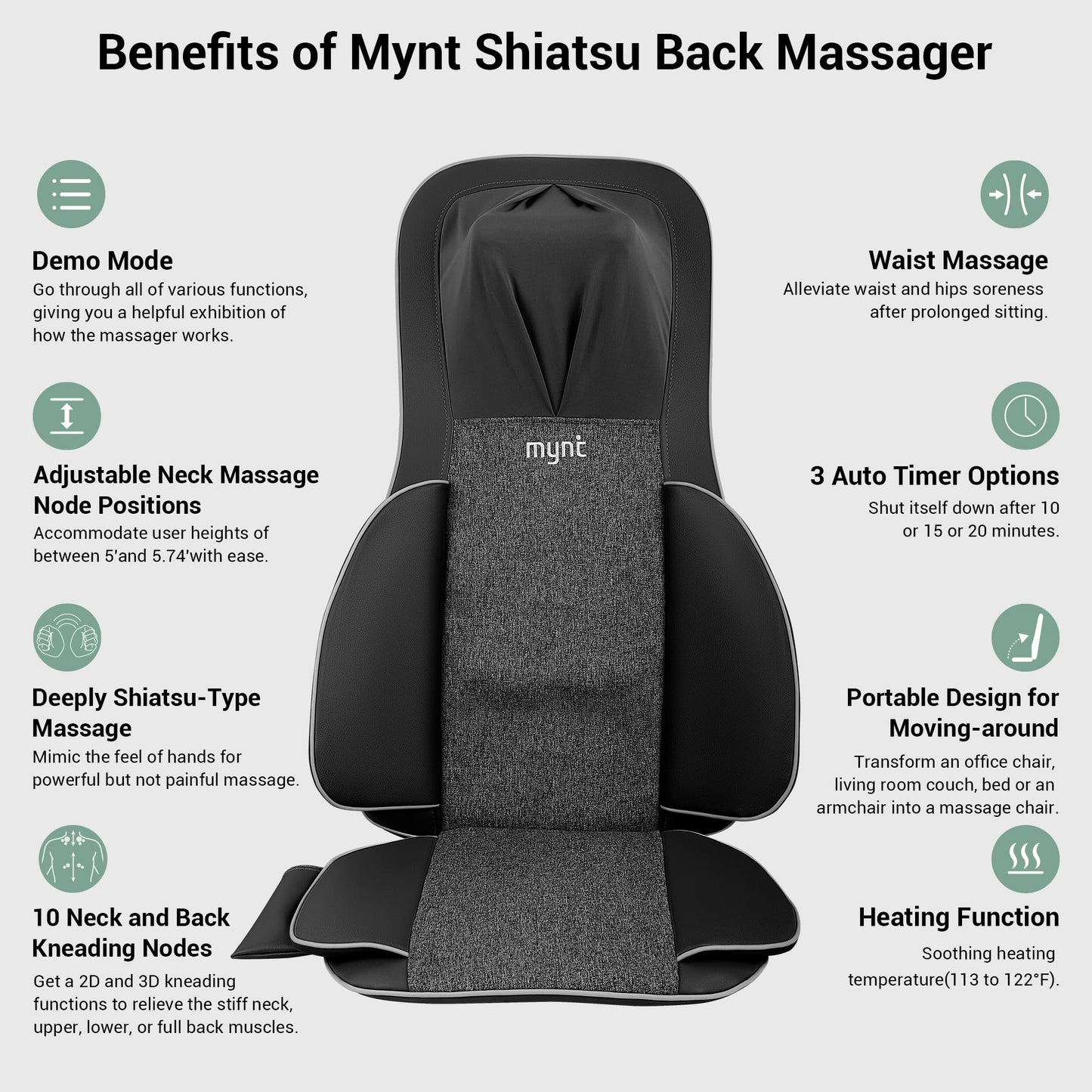 Mynt FSA Eligible HSA Approved Shiatsu Neck and Back Massager for Chair with 10 Deep Kneading Nodes, 2D & 3D Adjustable Back Massage with Heat, Portable Massage Chair Pad (Gray)