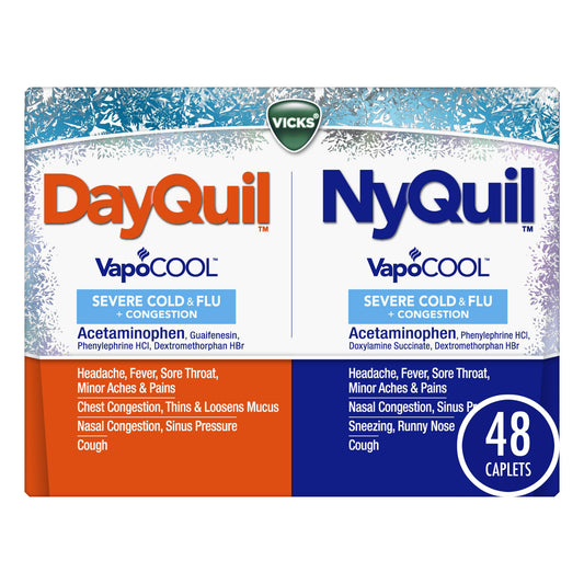 VICKS DayQuil & NyQuil SEVERE Co-Pack, Cold & Flu Medicine, Powerful Relief for Headache, Fever, Sore Throat, Minor Aches & Pains, Congestion, Sinus Pressure, Stuffy Nose, and Cough, 48 LiquiCaps