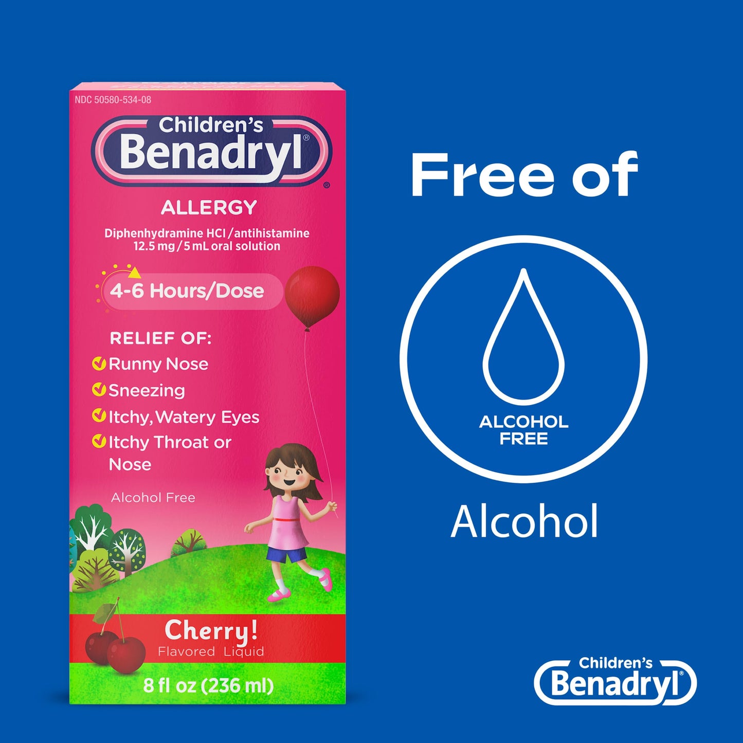 Children's Benadryl Dye-Free Allergy Relief Liquid + 12.5 mg Diphenhydramine HCl, Antihistamine Allergy Medicine for Kids Helps Relieve Runny Nose & Sneezing, Bubble Gum Flavor, 4 fl. oz