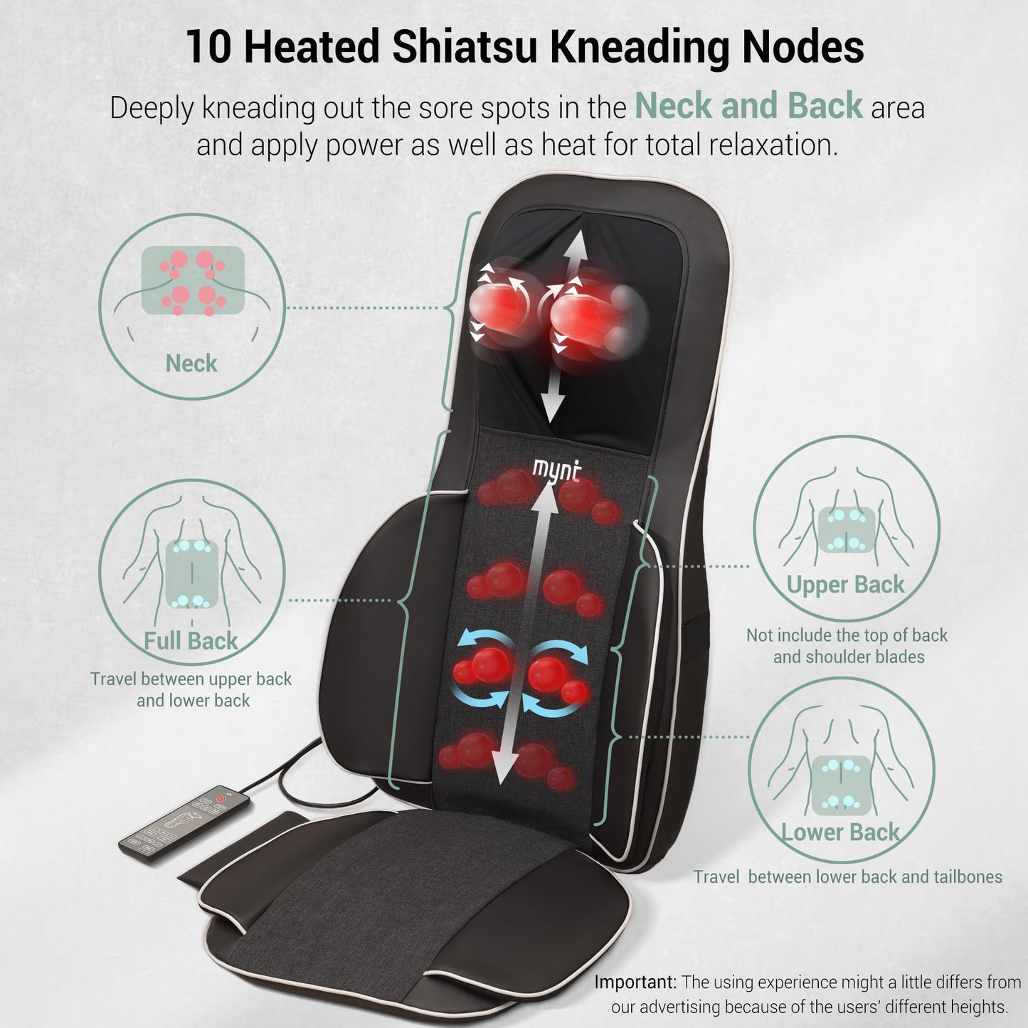 Mynt FSA Eligible HSA Approved Shiatsu Neck and Back Massager for Chair with 10 Deep Kneading Nodes, 2D & 3D Adjustable Back Massage with Heat, Portable Massage Chair Pad (Gray)