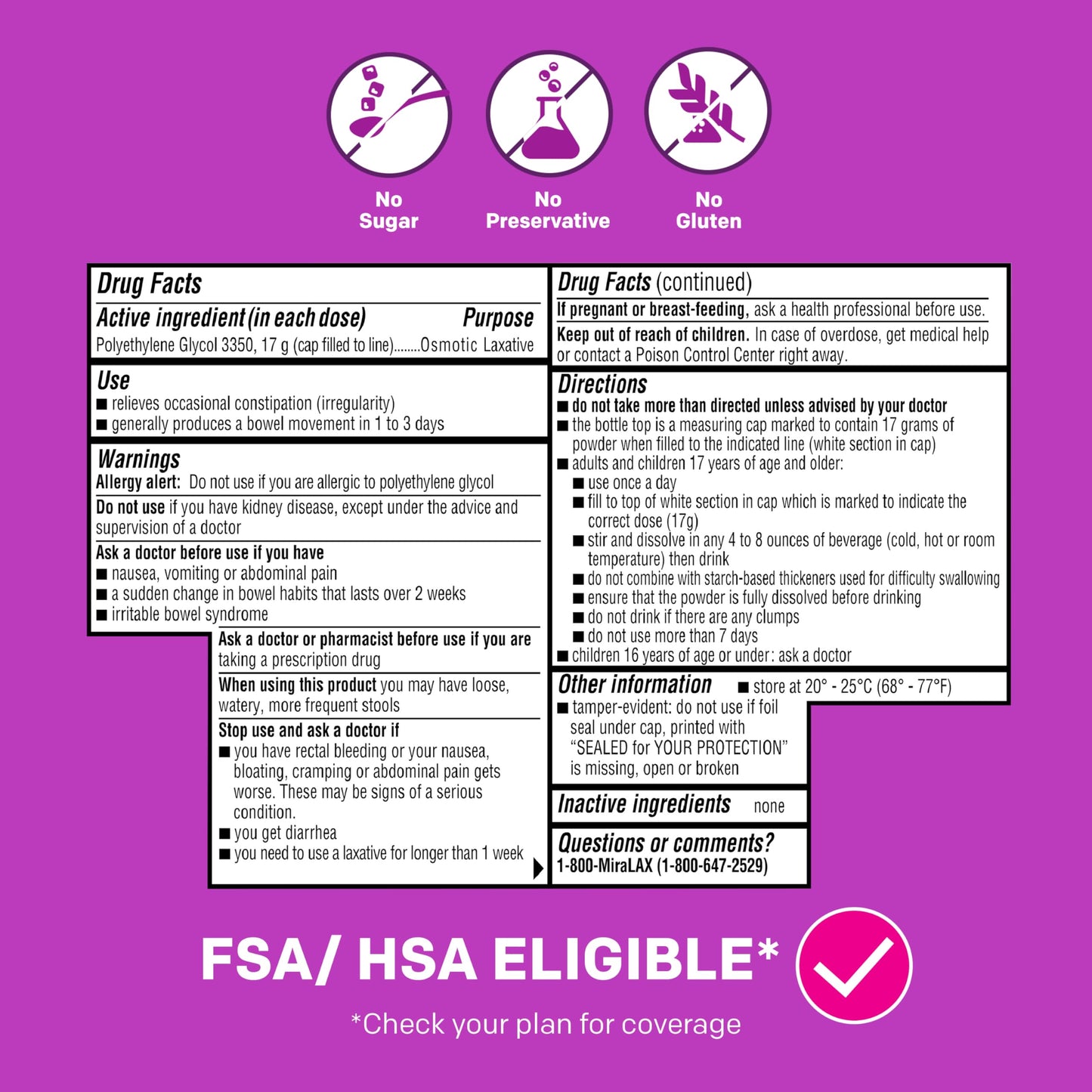 MiraLAX Gentle Constipation Relief Laxative Powder, Stool Softener with PEG 3350, Works Naturally with Water in Your Body, No Harsh Side Effects, Osmotic Laxative, 45 Dose