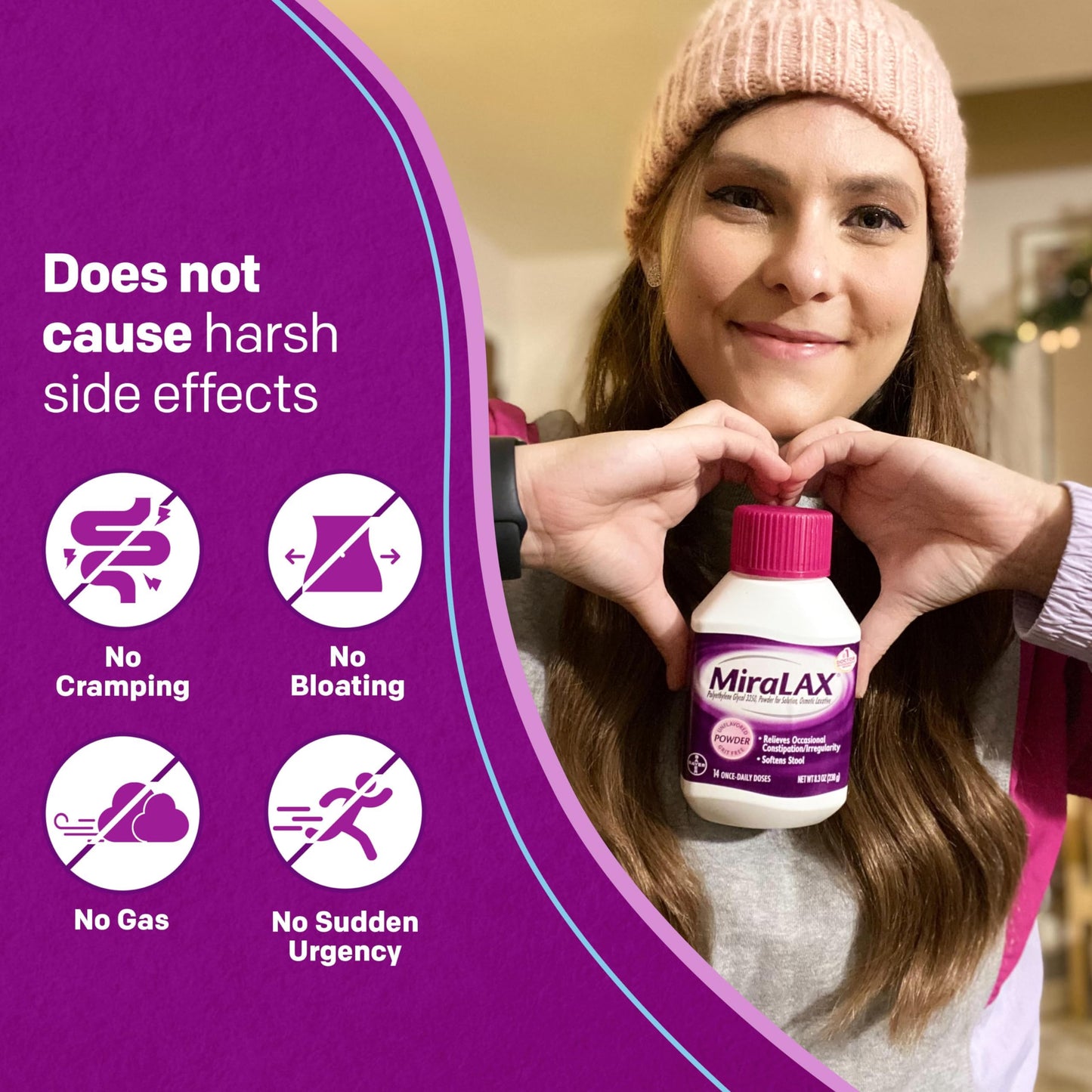 MiraLAX Gentle Constipation Relief Laxative Powder, Stool Softener with PEG 3350, Works Naturally with Water in Your Body, No Harsh Side Effects, Osmotic Laxative, 45 Dose