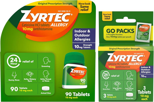 Zyrtec 24 Hour Allergy Relief Tablets, Indoor & Outdoor Allergy Medicine with 10 mg Cetirizine Hydrochloride Antihistamine, Value Bundle of one, 90 ct Bottle & Three, 1 ct Travel Packs