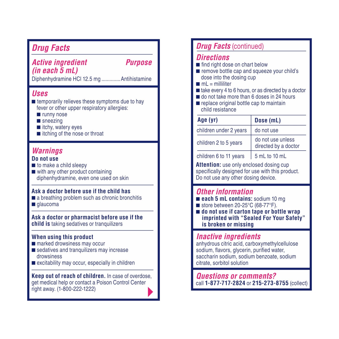 Children's Benadryl Dye-Free Allergy Relief Liquid + 12.5 mg Diphenhydramine HCl, Antihistamine Allergy Medicine for Kids Helps Relieve Runny Nose & Sneezing, Bubble Gum Flavor, 4 fl. oz