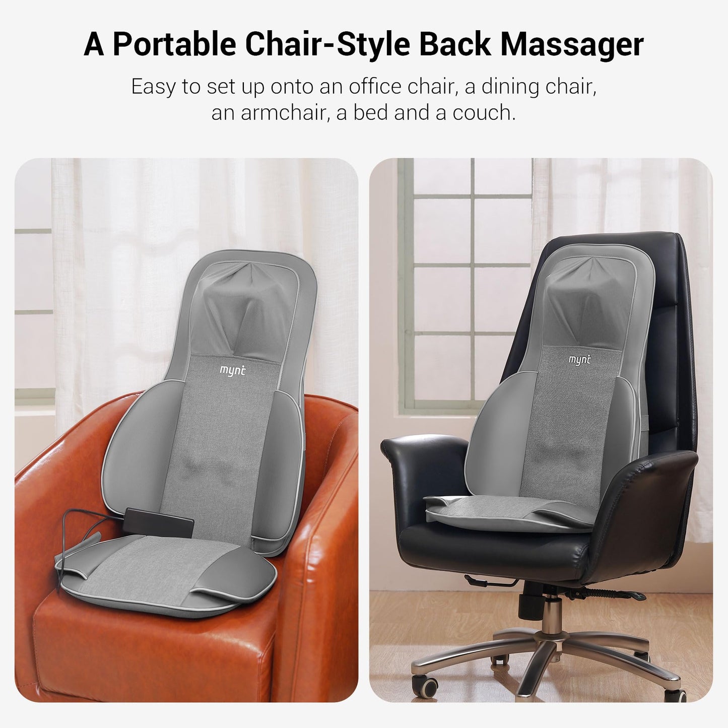 Mynt FSA Eligible HSA Approved Shiatsu Neck and Back Massager for Chair with 10 Deep Kneading Nodes, 2D & 3D Adjustable Back Massage with Heat, Portable Massage Chair Pad (Gray)