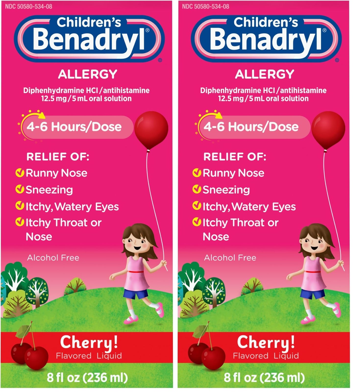 Children's Benadryl Dye-Free Allergy Relief Liquid + 12.5 mg Diphenhydramine HCl, Antihistamine Allergy Medicine for Kids Helps Relieve Runny Nose & Sneezing, Bubble Gum Flavor, 4 fl. oz