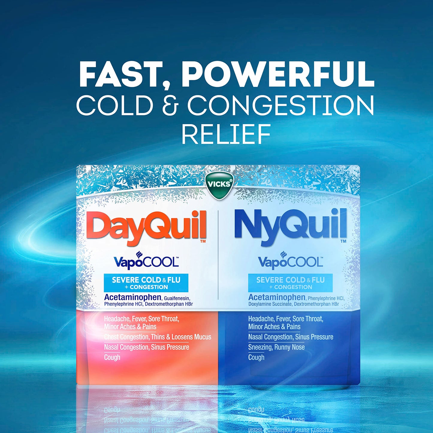 VICKS DayQuil & NyQuil SEVERE Co-Pack, Cold & Flu Medicine, Powerful Relief for Headache, Fever, Sore Throat, Minor Aches & Pains, Congestion, Sinus Pressure, Stuffy Nose, and Cough, 48 LiquiCaps